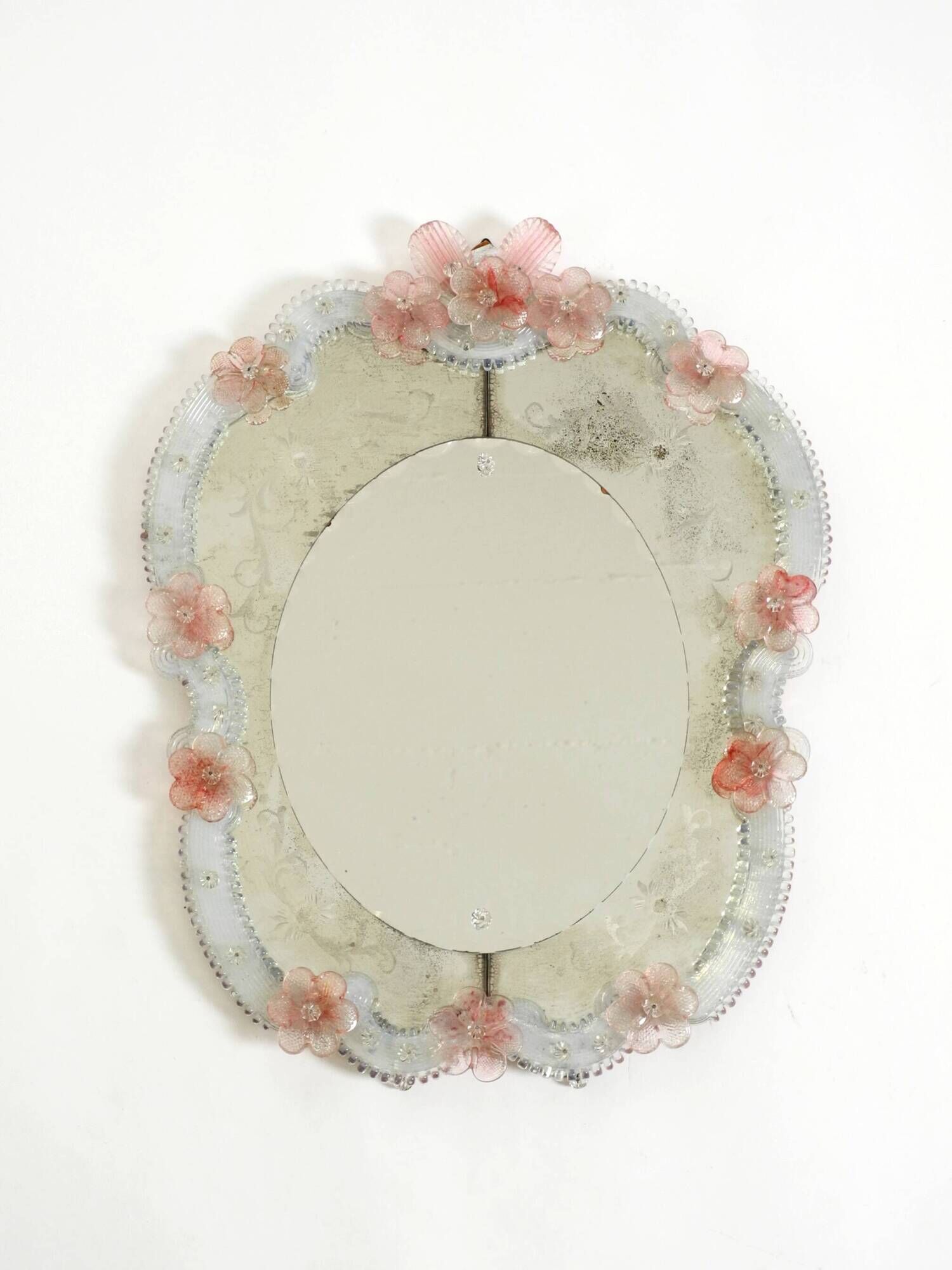 Italian mid-century wall mirror with a Murano glass frame and blossoms