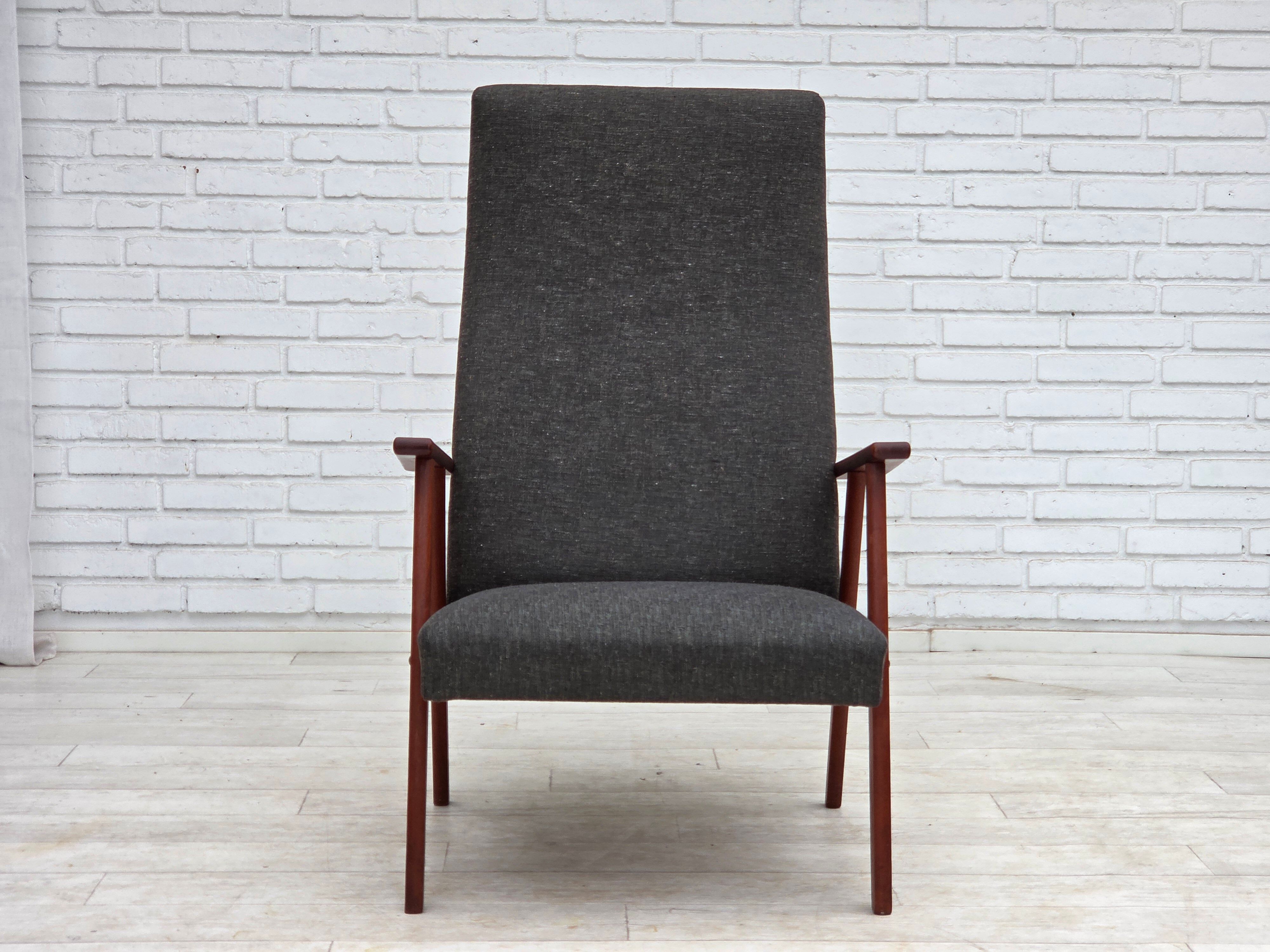 1970s, Danish highback armchair, furniture fabric, teak wood.