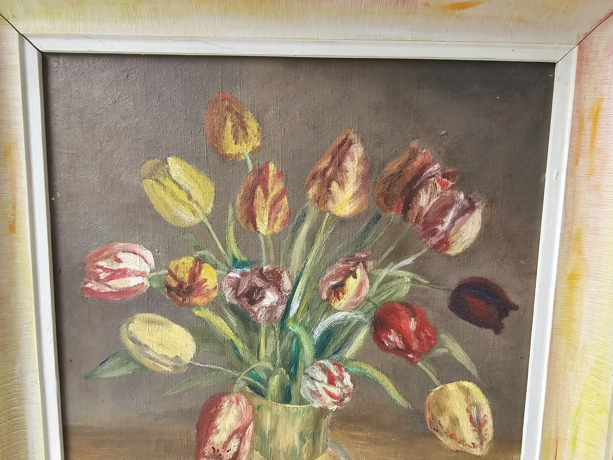 Oil on Canvas Still Life Flowers Bouquet Tulips Signed J. Testut