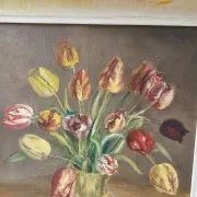 Oil on Canvas Still Life Flowers Bouquet Tulips Signed J. Testut