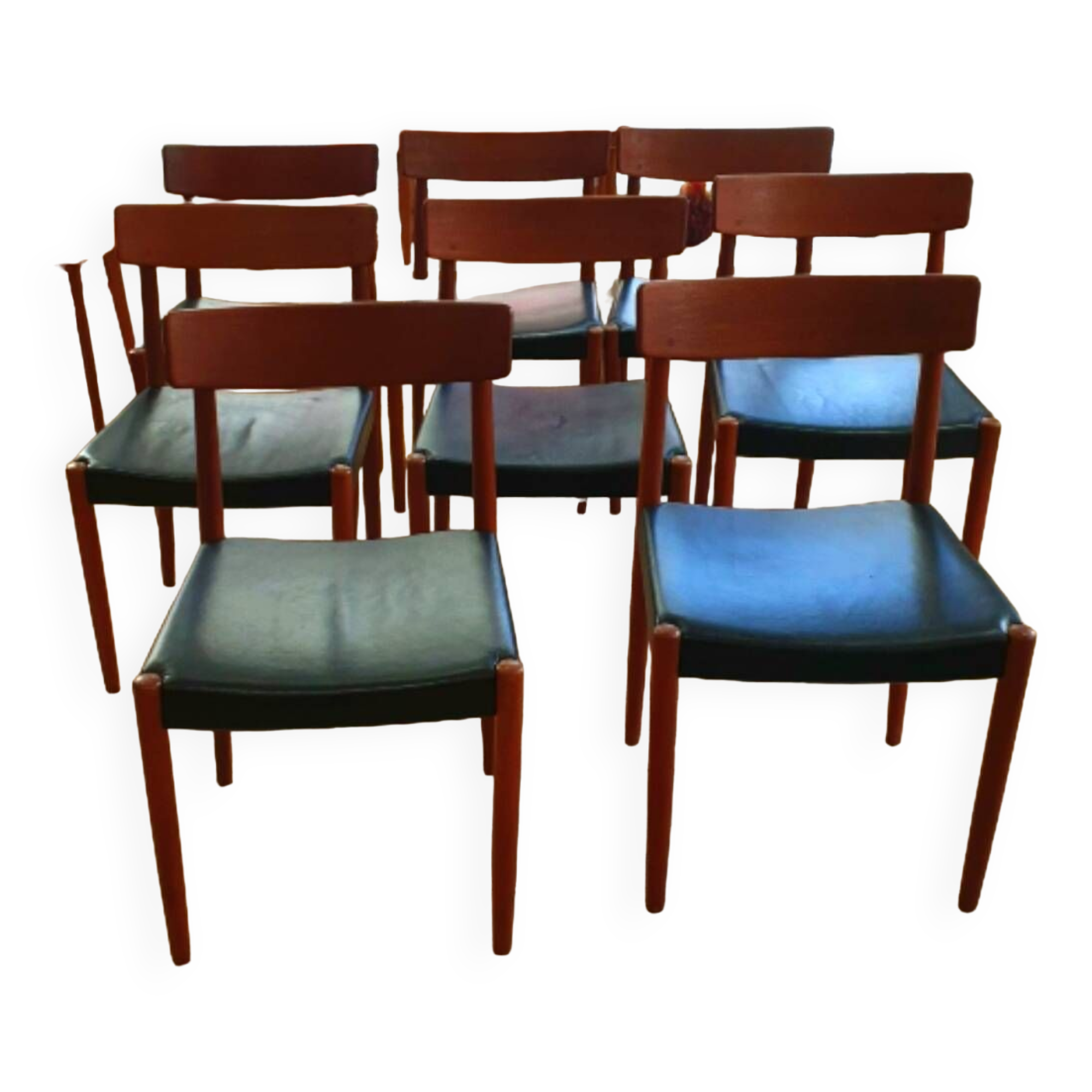 Suite of 8 60s chairs - Teak and black leather - Designer Nils Jonsson by Troeds Bjärnum (Sweden)