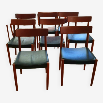 Suite of 8 60s chairs - Teak and black leather - Designer Nils Jonsson by Troeds Bjärnum (Sweden)