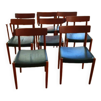 Suite of 8 60s chairs - Teak and black leather - Designer Nils Jonsson by Troeds Bjärnum (Sweden)