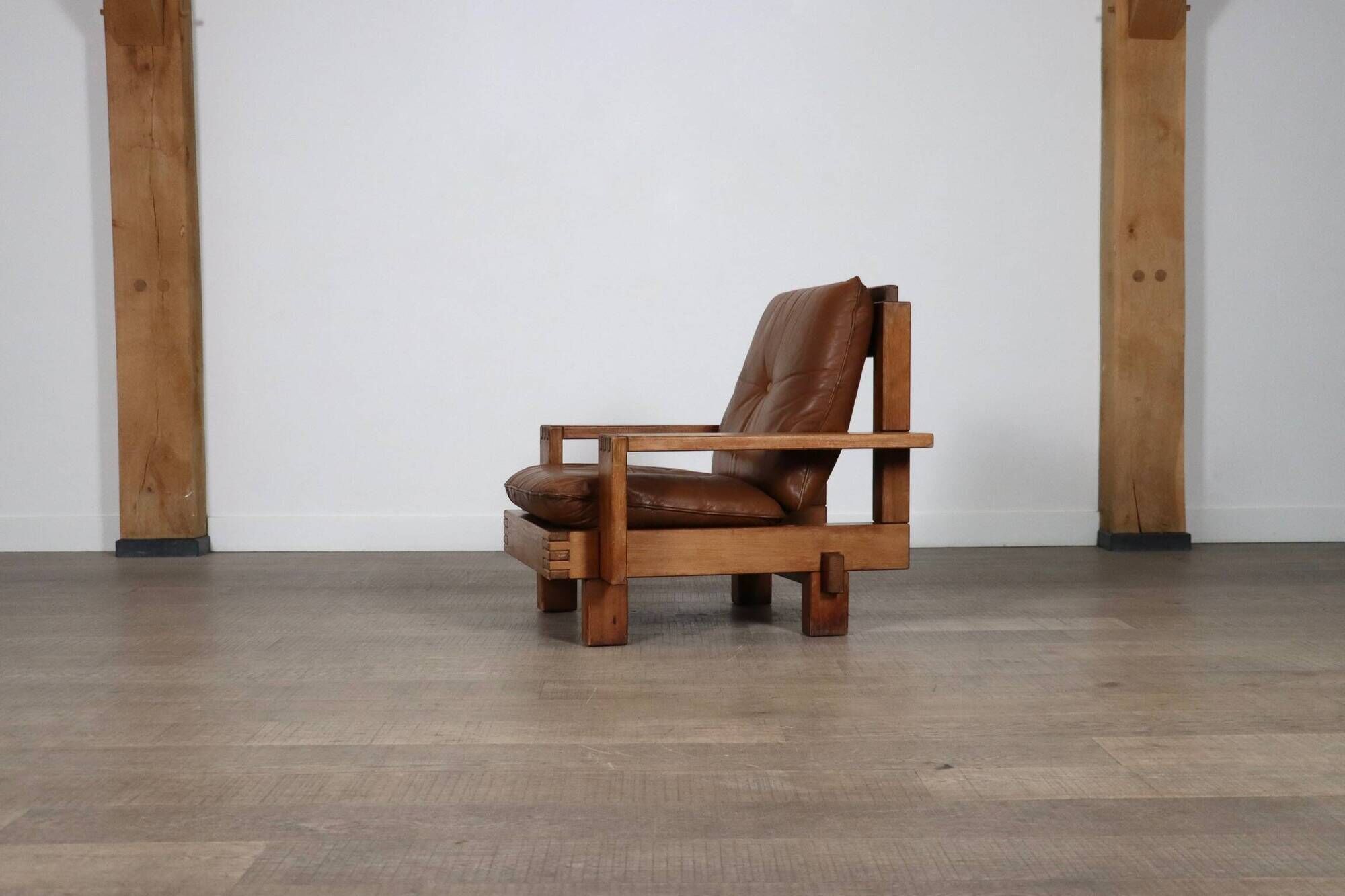 Midcentury Modern Brutalist Lounge Chair In Oak And Leather, Italy 1970s