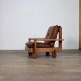 Midcentury Modern Brutalist Lounge Chair In Oak And Leather, Italy 1970s