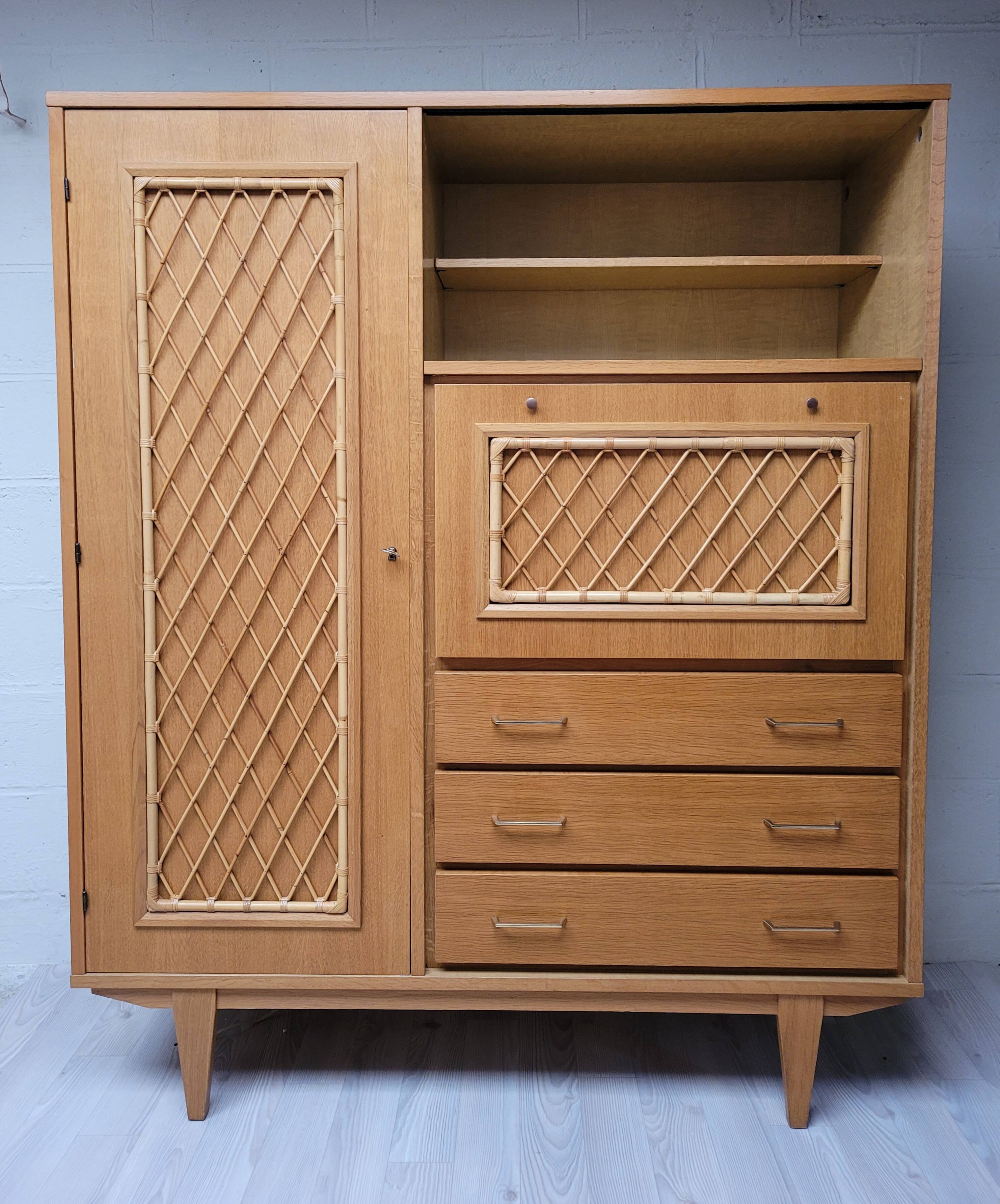 Wooden and rattan chest of drawers, 1960s