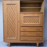 Wooden and rattan chest of drawers, 1960s