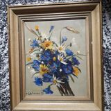 Old oil painting depicting a bouquet of flowers.