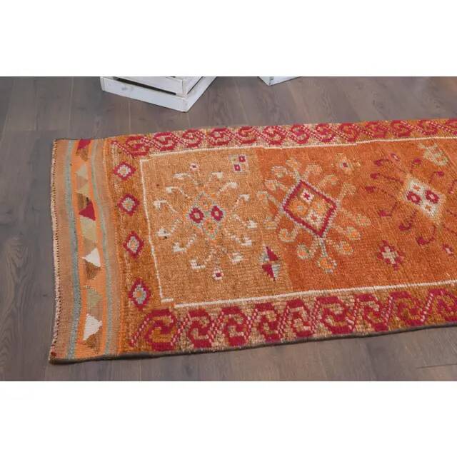 Tapis coureur vintage en laine et coton turc noué à la main orange 82x382