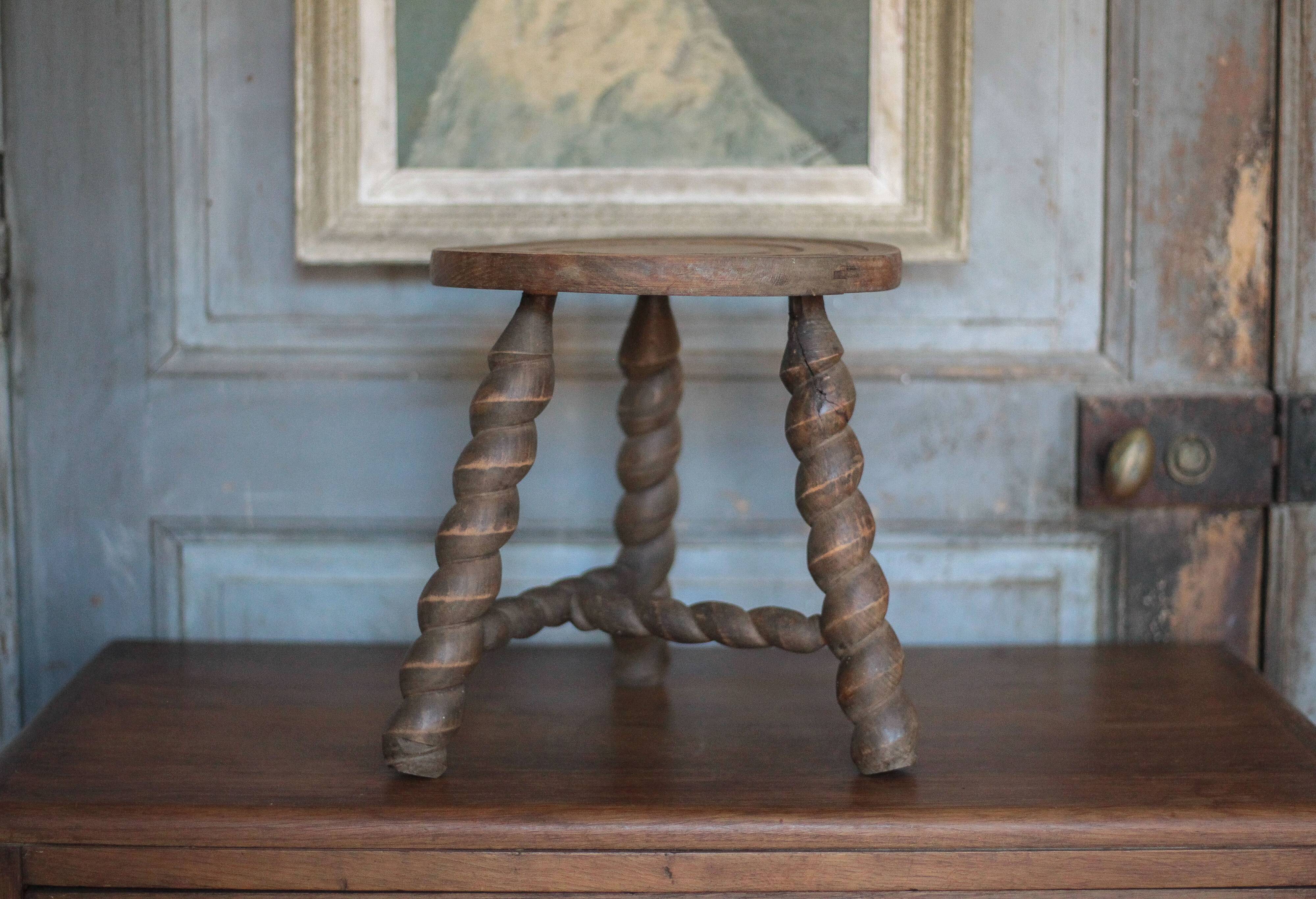 Vintage stool, old wooden stool, tripod stool