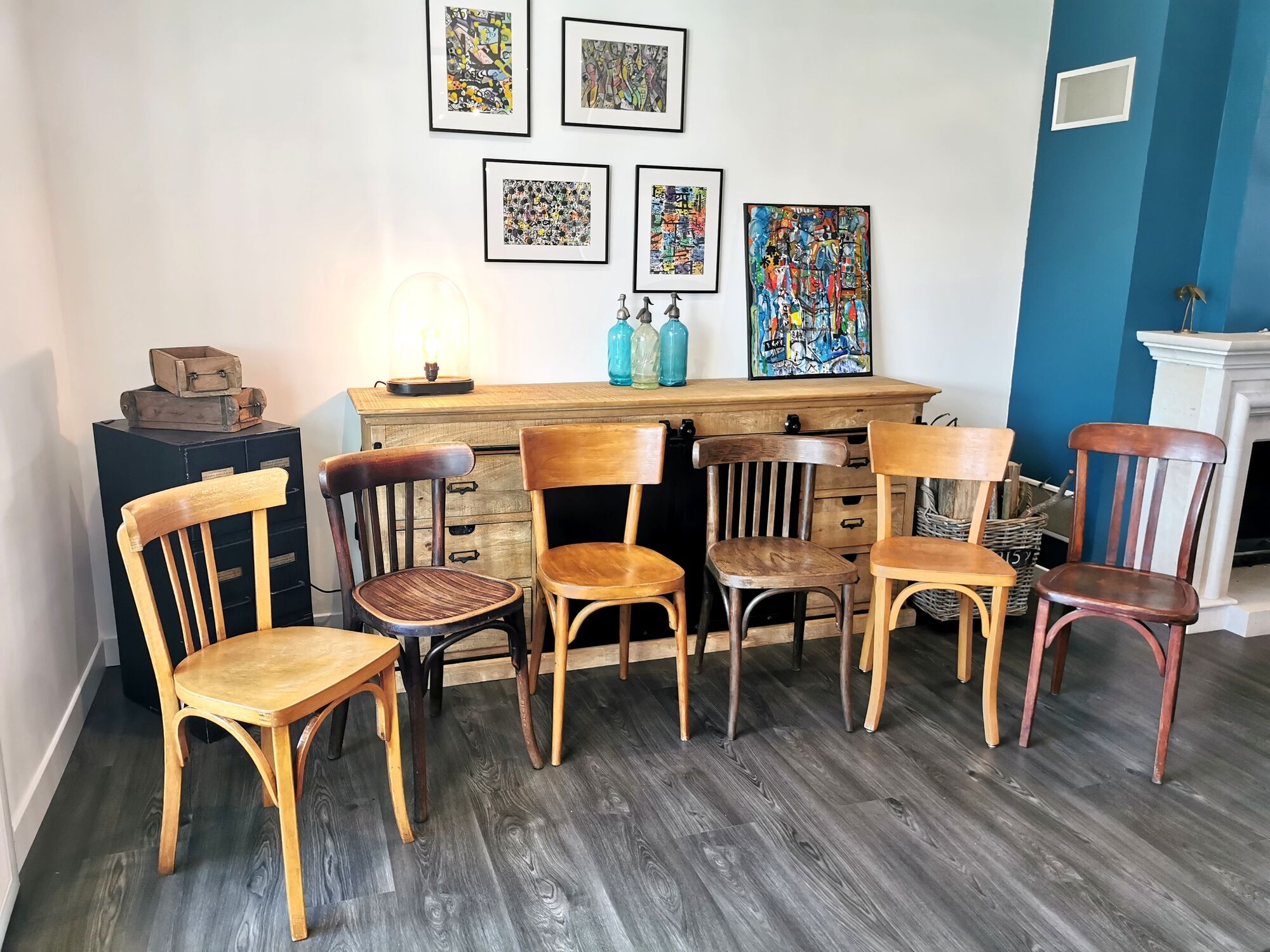 Baumann Stella and Luterma series of 6 mismatched bistro chairs