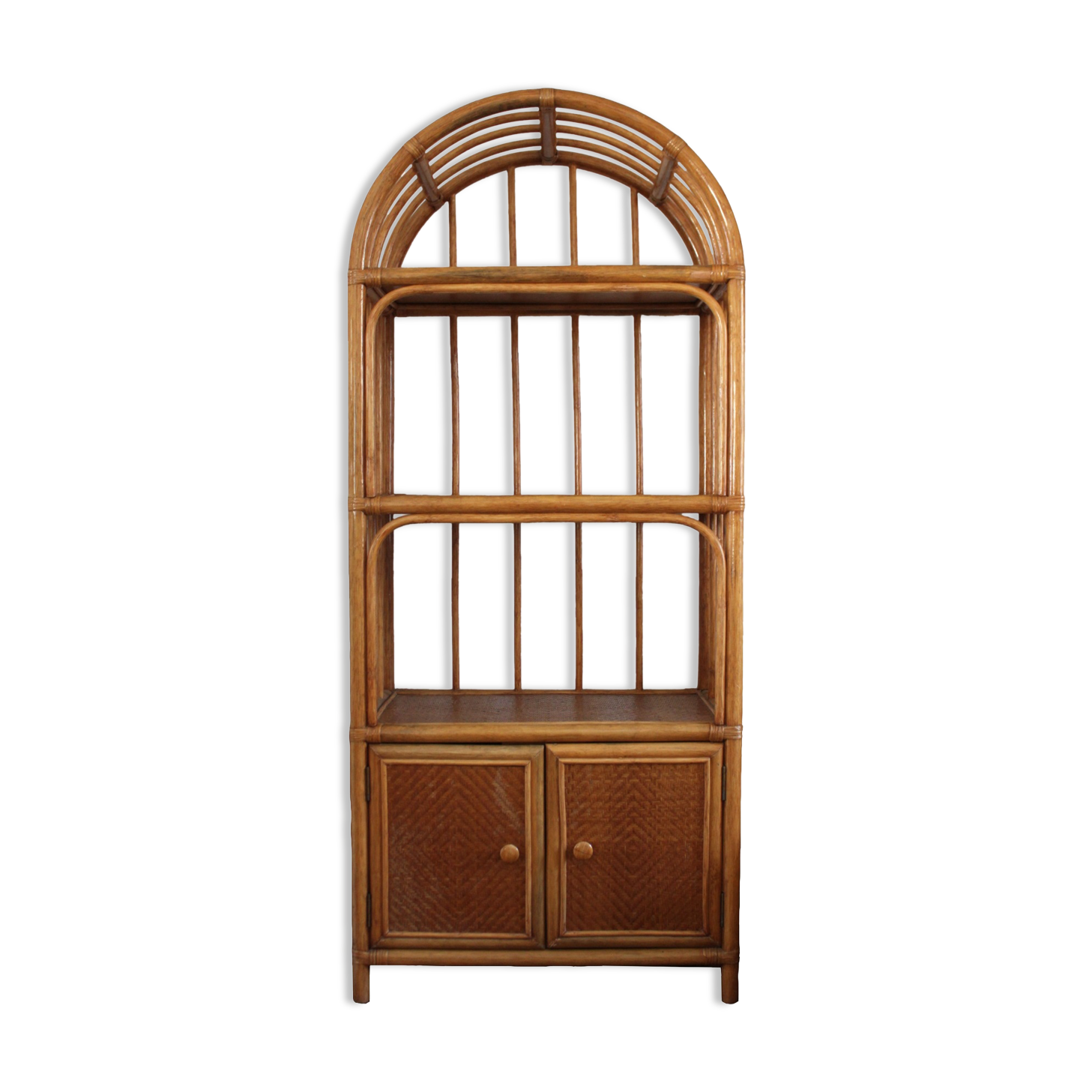 Woven rattan and bent bamboo arched bookcase display high wall cabinet.