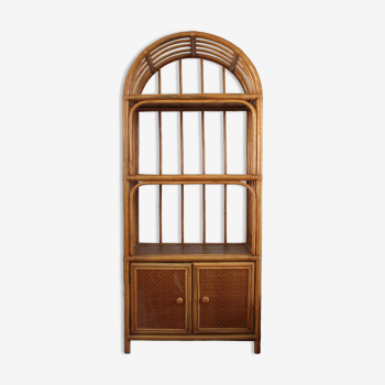 Woven rattan and bent bamboo arched bookcase display high wall cabinet.