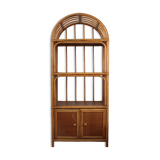 Woven rattan and bent bamboo arched bookcase display high wall cabinet.