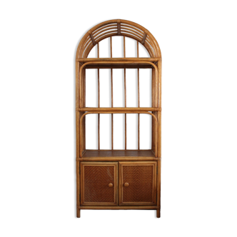 Woven rattan and bent bamboo arched bookcase display high wall cabinet.