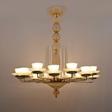 Mid Century Modern Style Brass and Murano Glass Big Chandelier