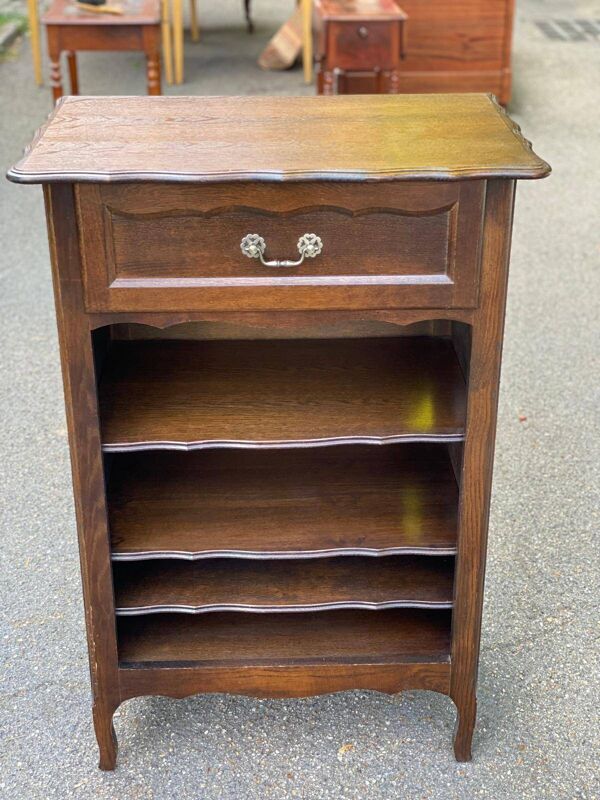 Bibliothèque étagère Bibus Louis XV en bois massif finition chêne foncé tir