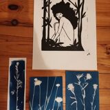 Cyanotype and wood engraving lot