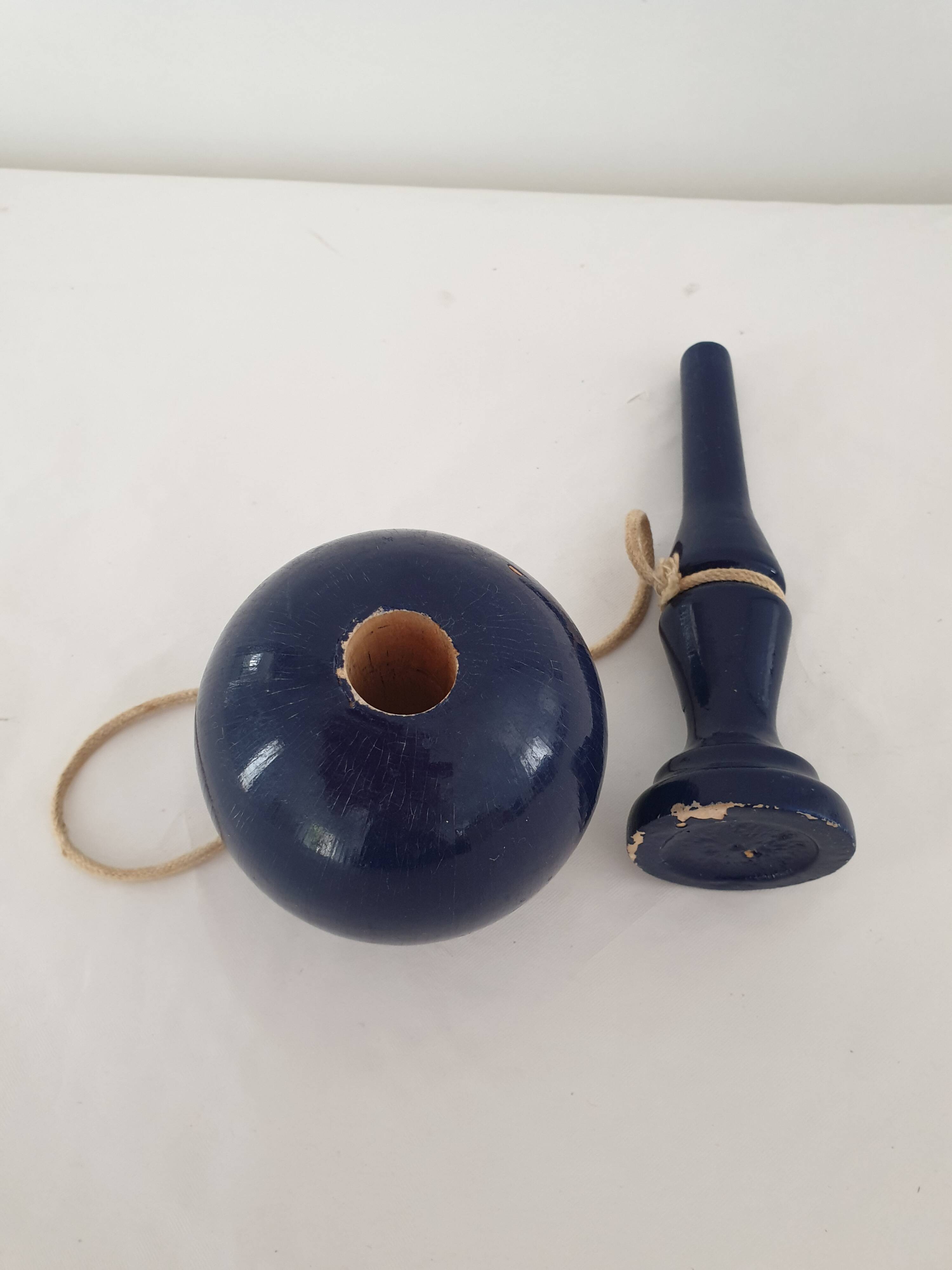 Old wooden Bilboquet - dark blue color Height 19 Cm