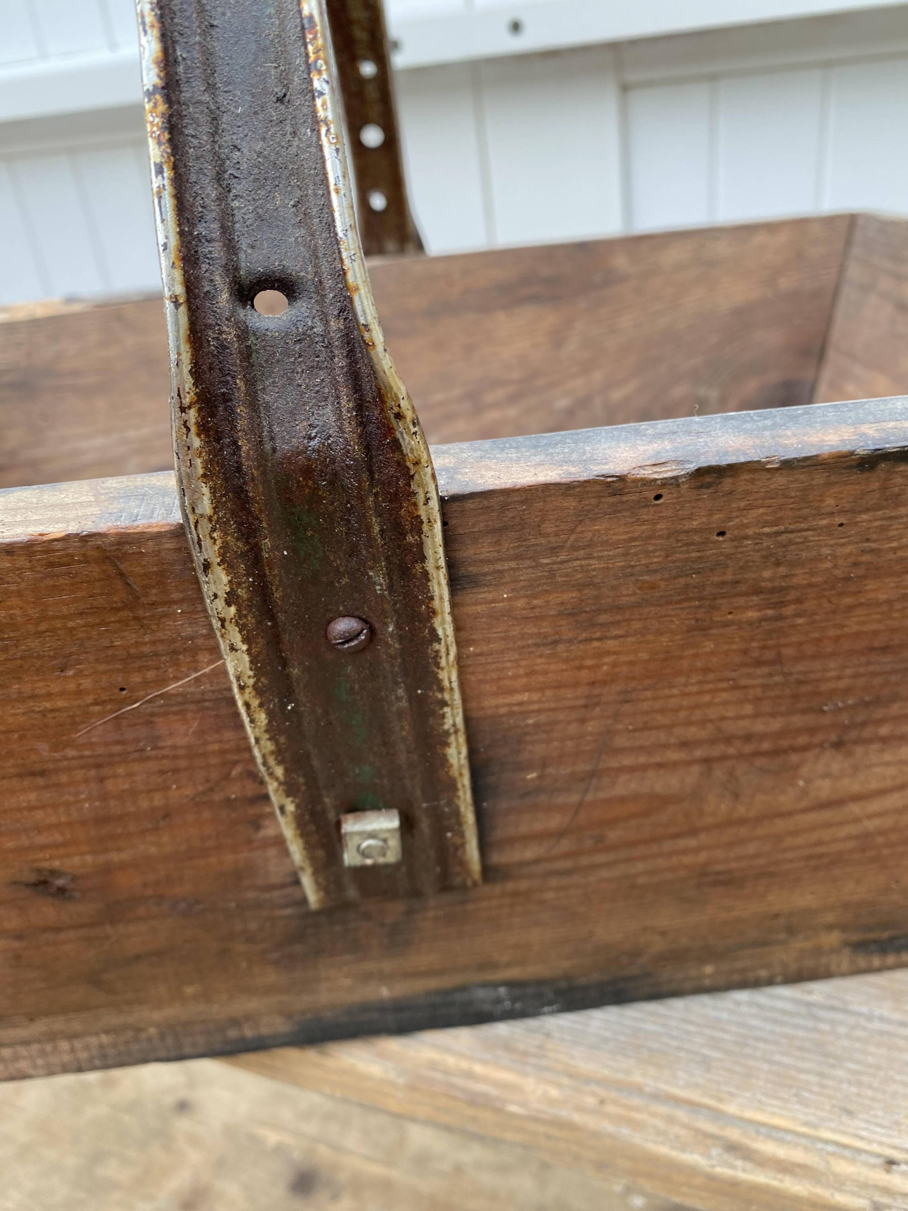 Authentic wooden crate basket with metal handle, old 1950s