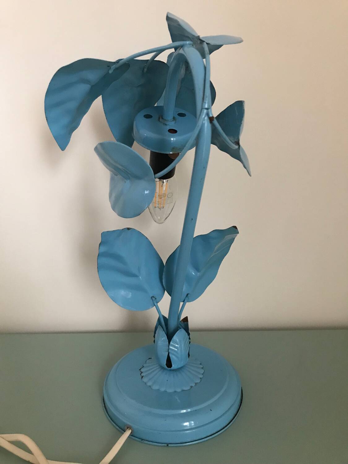 Antique plant-shaped lamp in blue enamelled metal