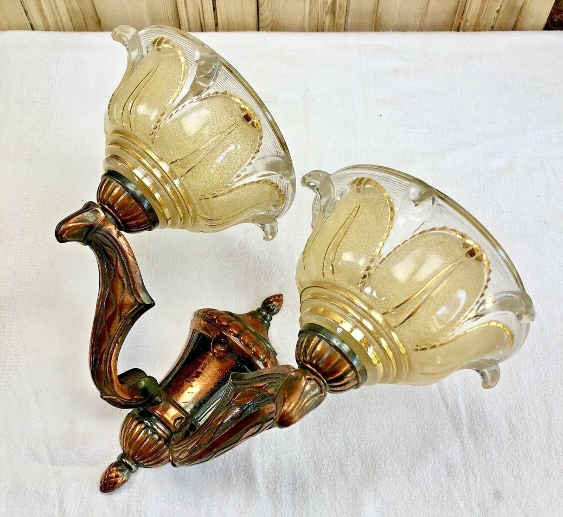 Wall lamp double fires copper metal art deco glassware ezan opalescent gilded