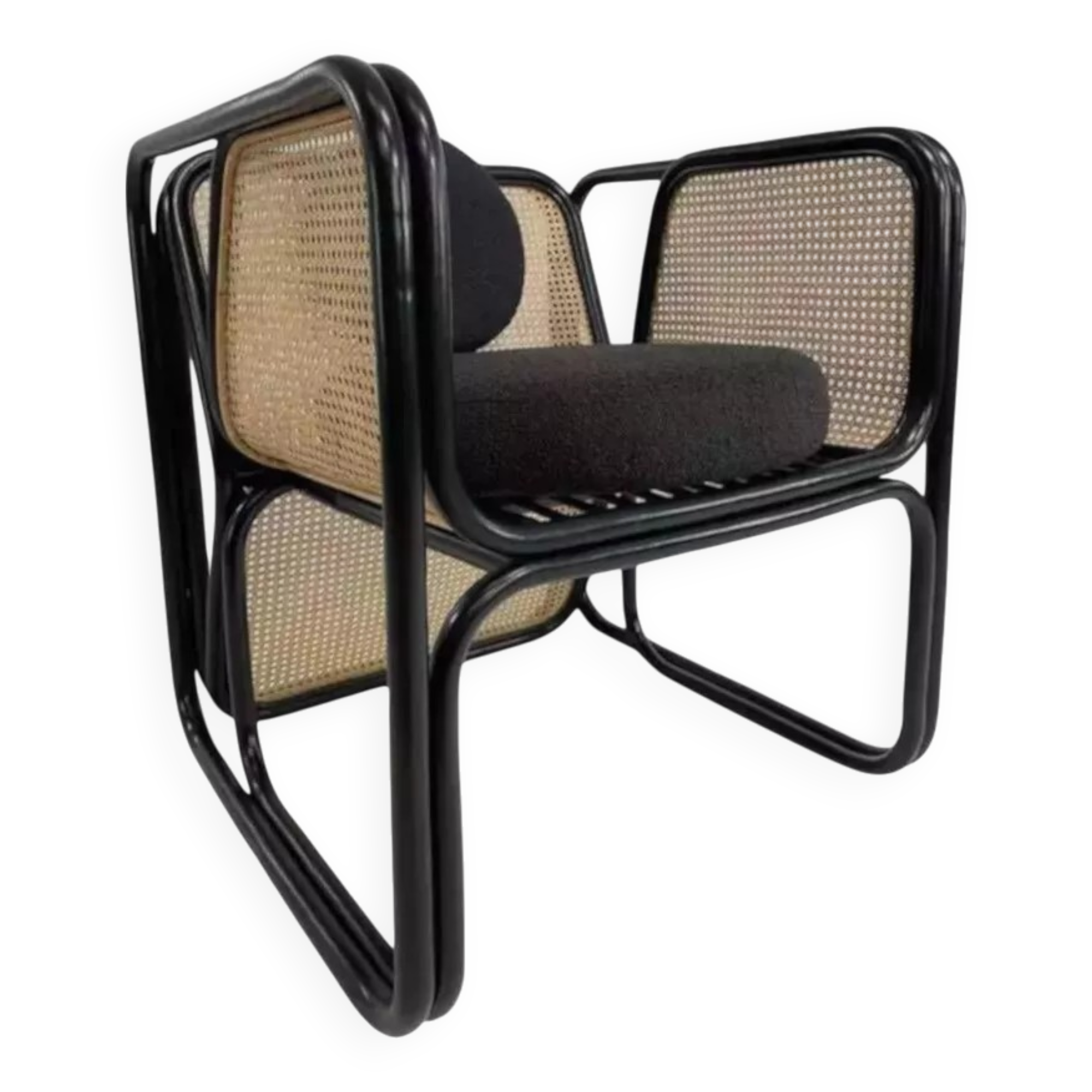 Cubic armchair in black rattan and canework