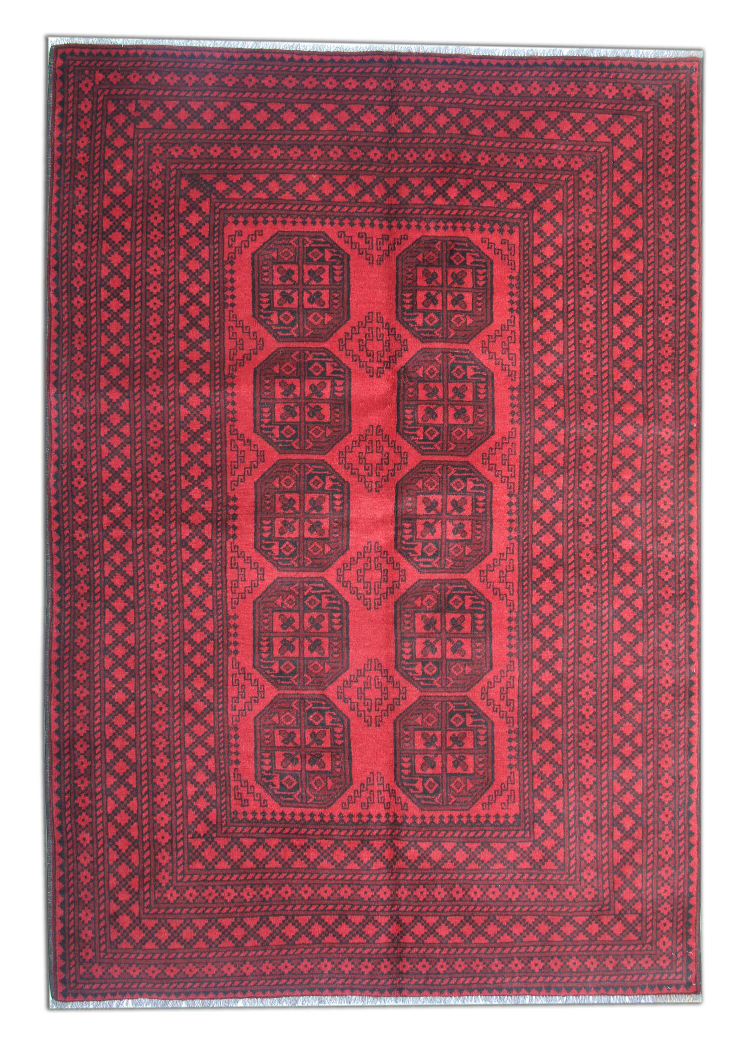 Red Burgundy Wool Handmade Afghan Rug, Large Geometric Carpet 164 x 237 cm