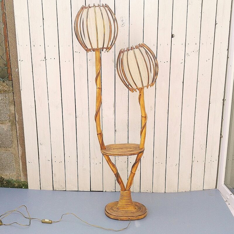 Rattan lamppost, 2 lights and tablet, vintage