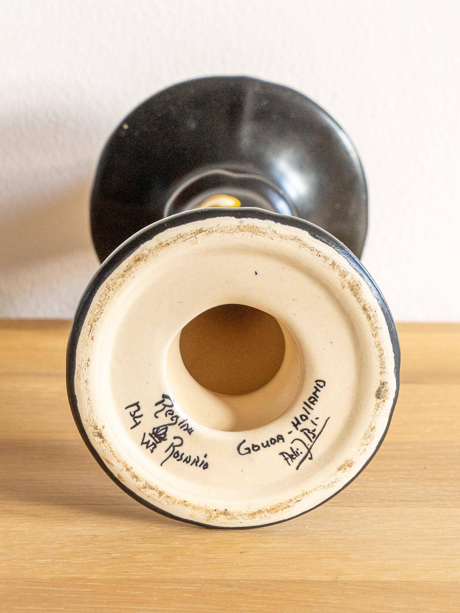 Hand-painted ceramic candlestick in Art Deco Revival style, Dutch Gouda pottery.