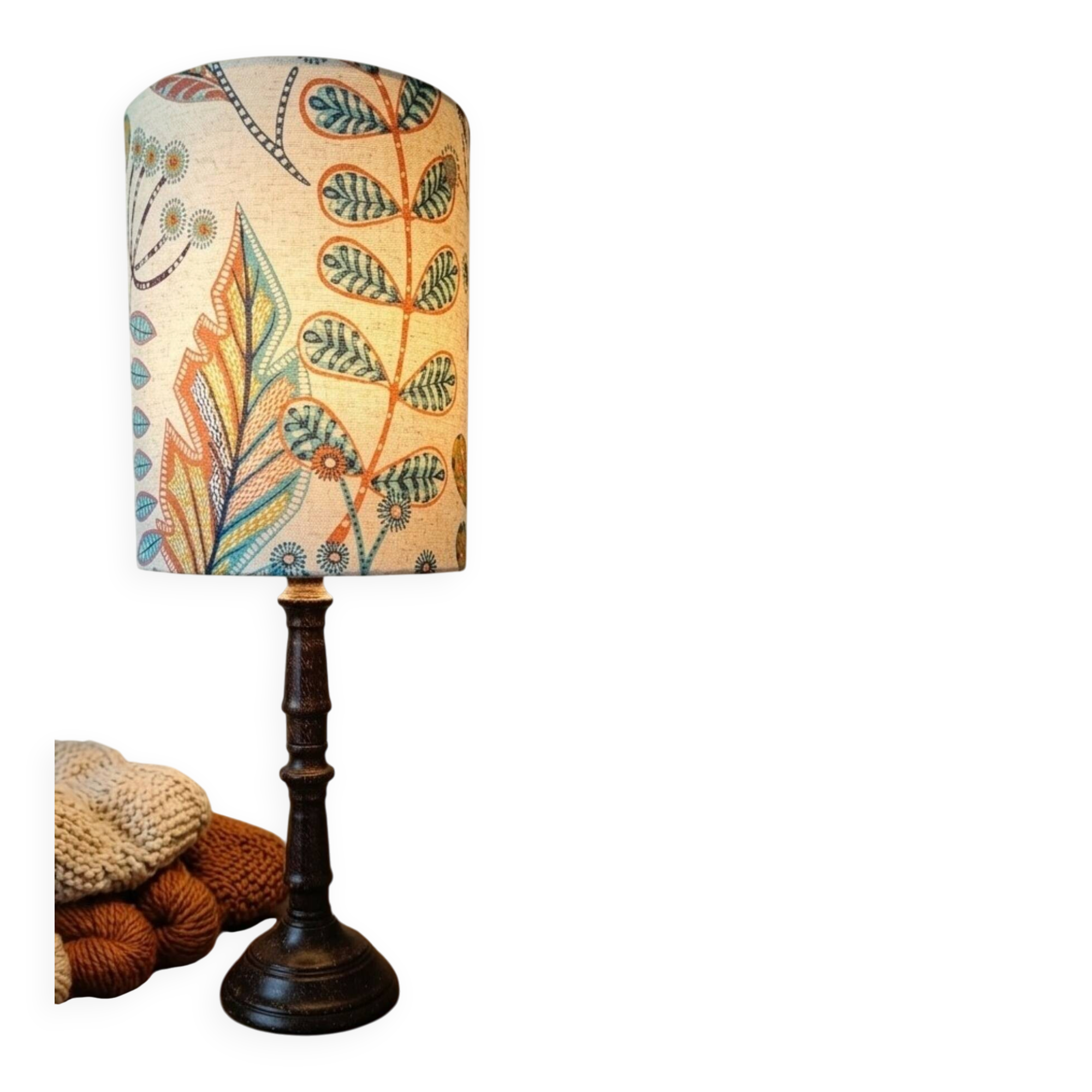 Aged metal table lamp, botanical shade