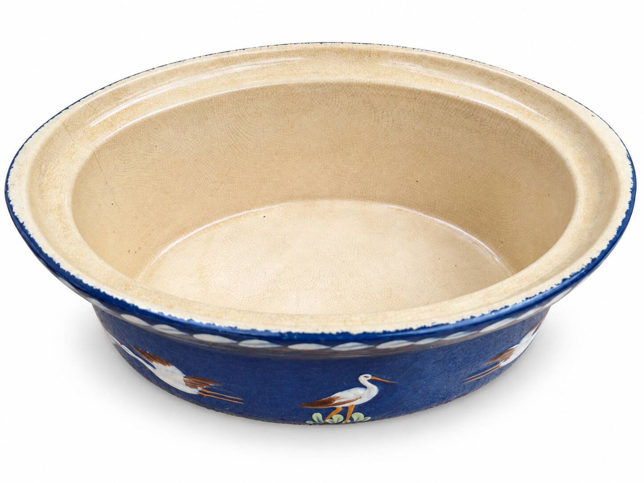 Grande terrine alsacienne de Soufflenheim bleue à décor de cigognes – 41 cm