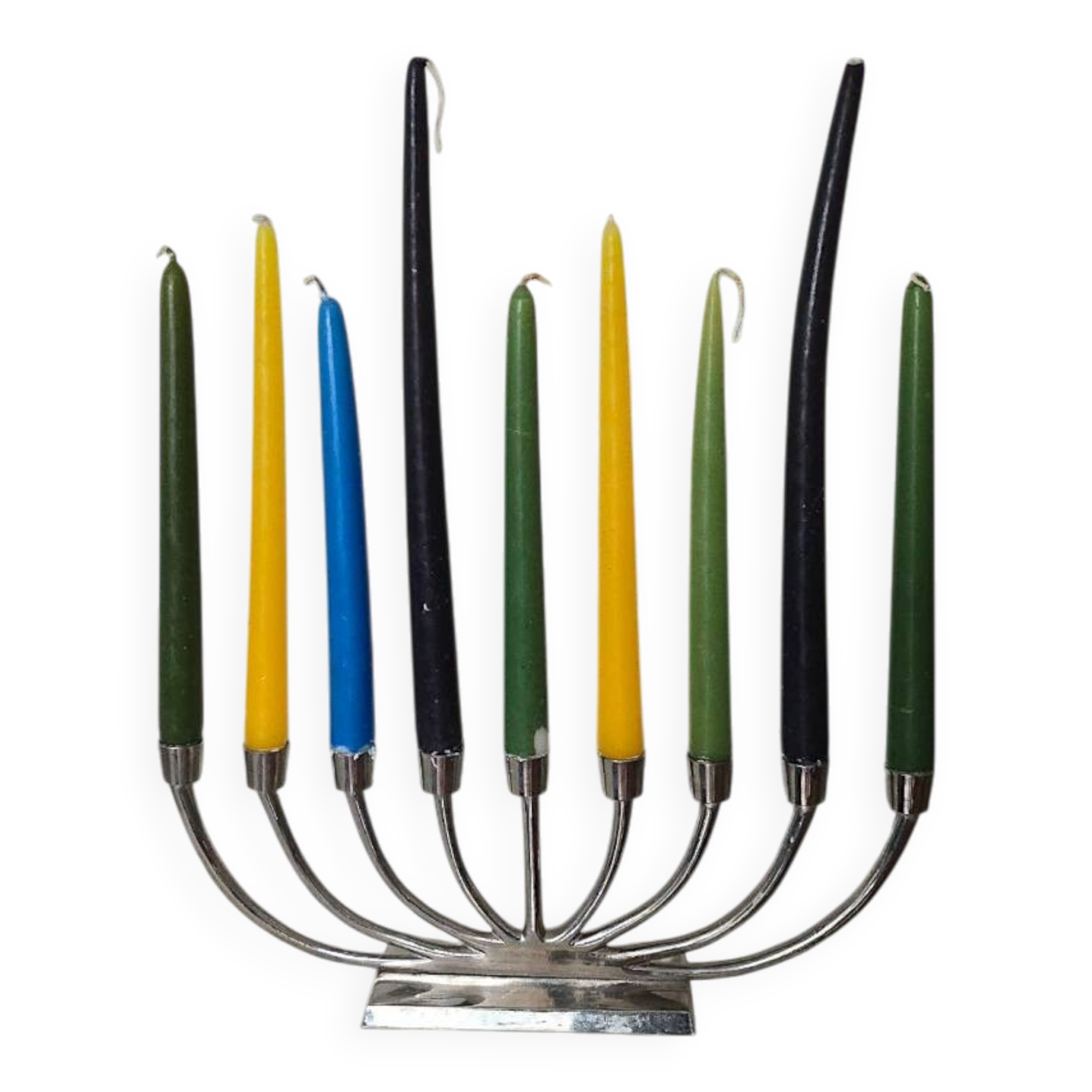 Large modern chrome metal candlestick for Hanukkah.