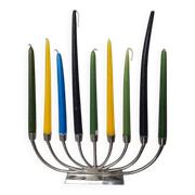 Large modern chrome metal candlestick for Hanukkah.