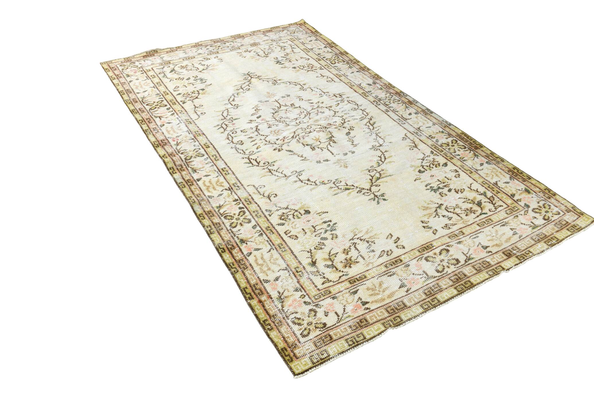 Tapis Vintage Turc Crème, Médaillon Floral, Style Shabby Chic, 150x250Cm