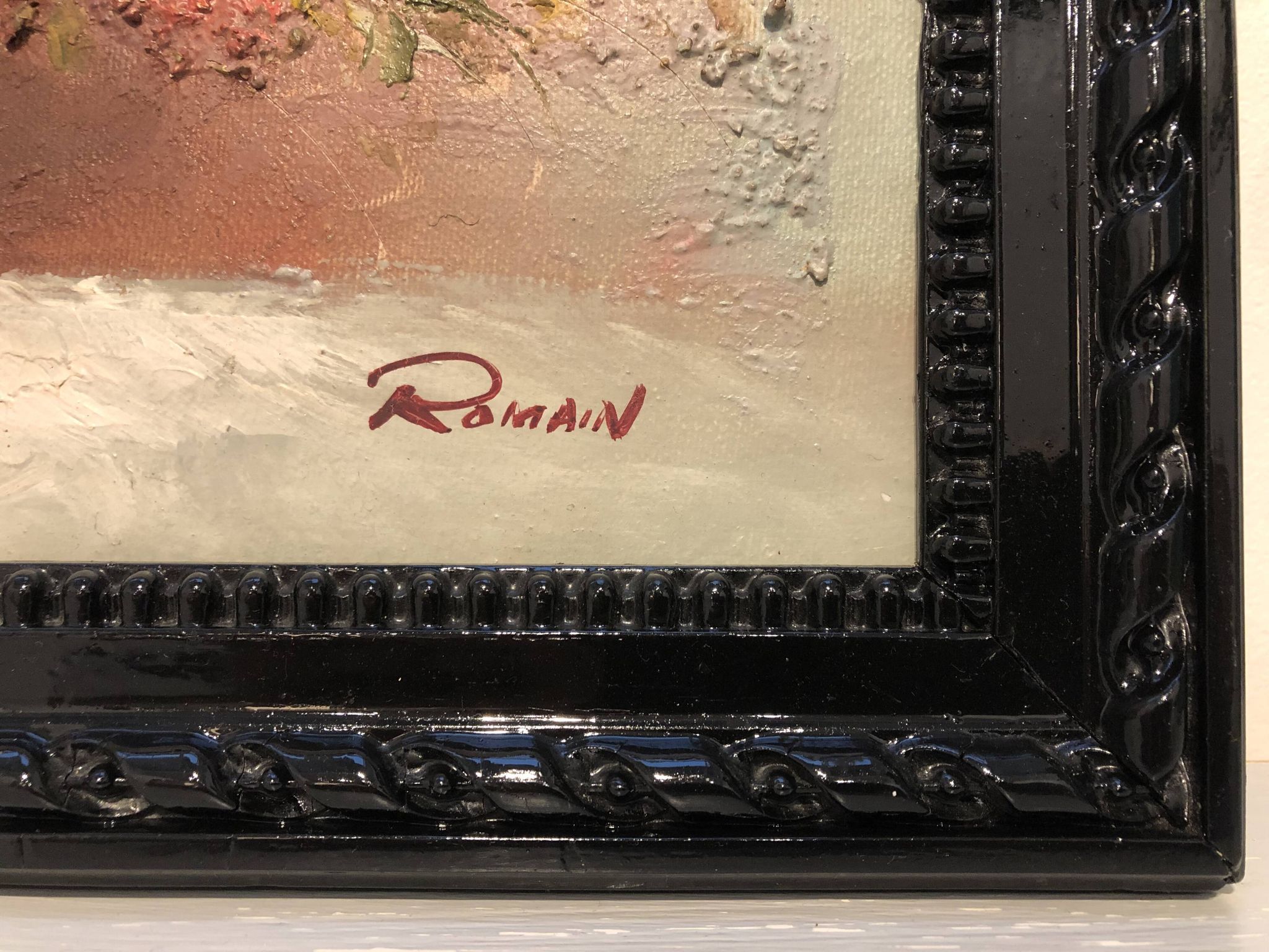 Ancient painting signed romain of a bouquet of flowers in a vase