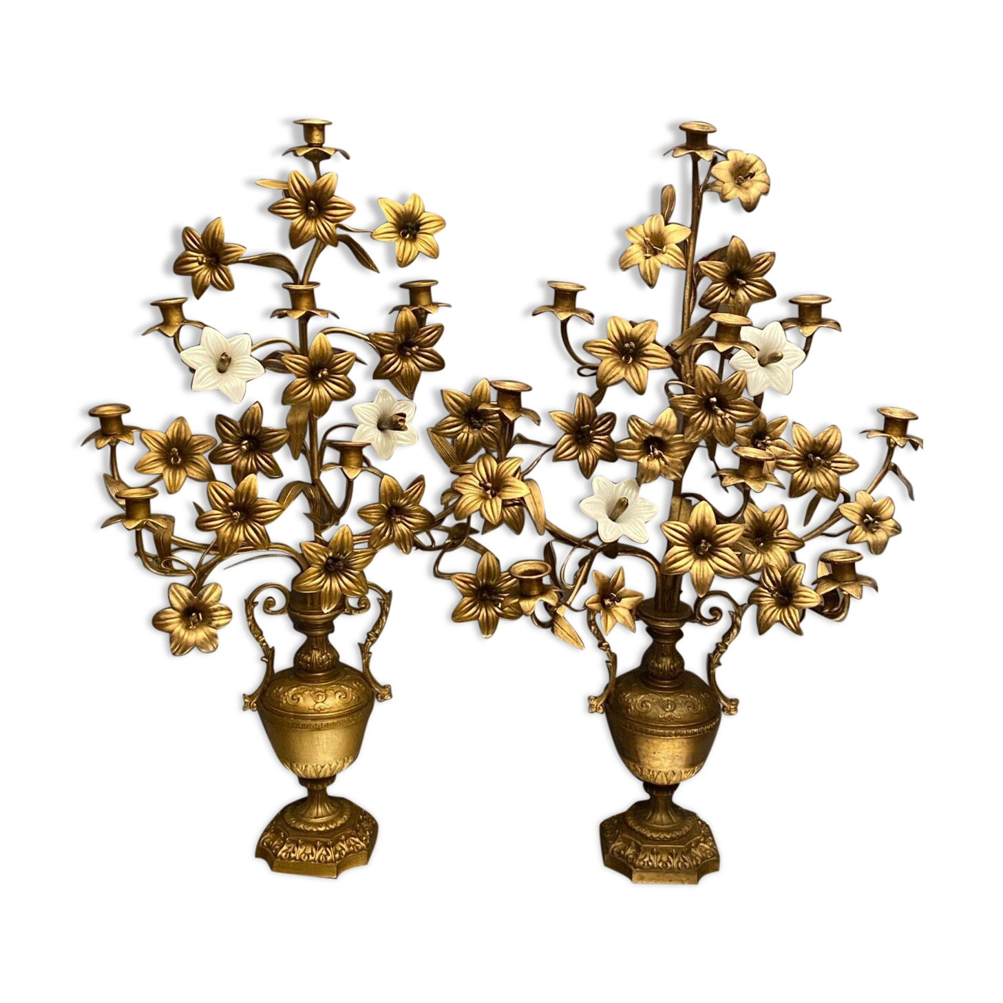 Pair of church candlesticks decorated with brass and opaline flowers nineteenth