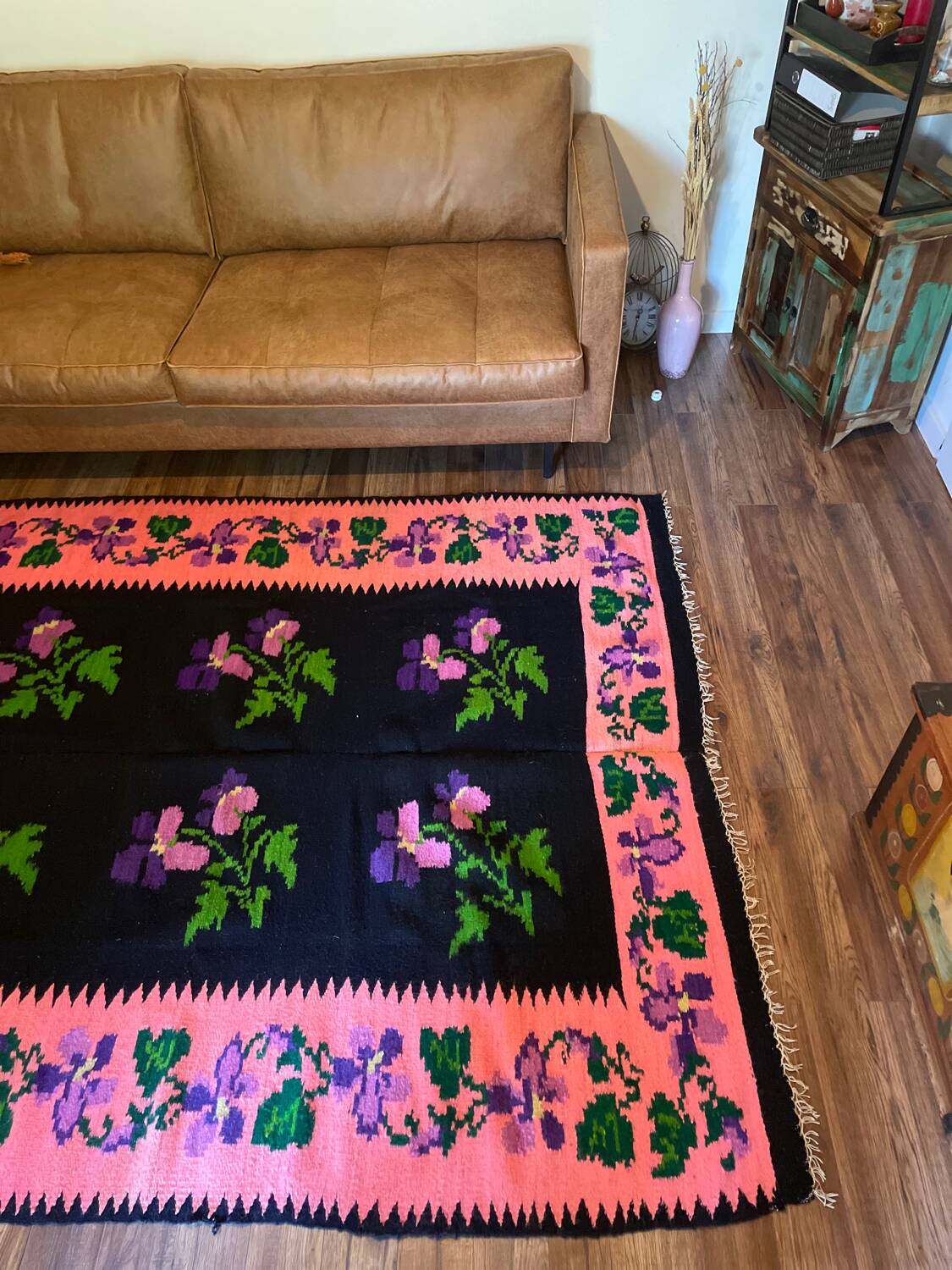 Oltenian floral rug handwoven in wool, purple flowers on black and pink background