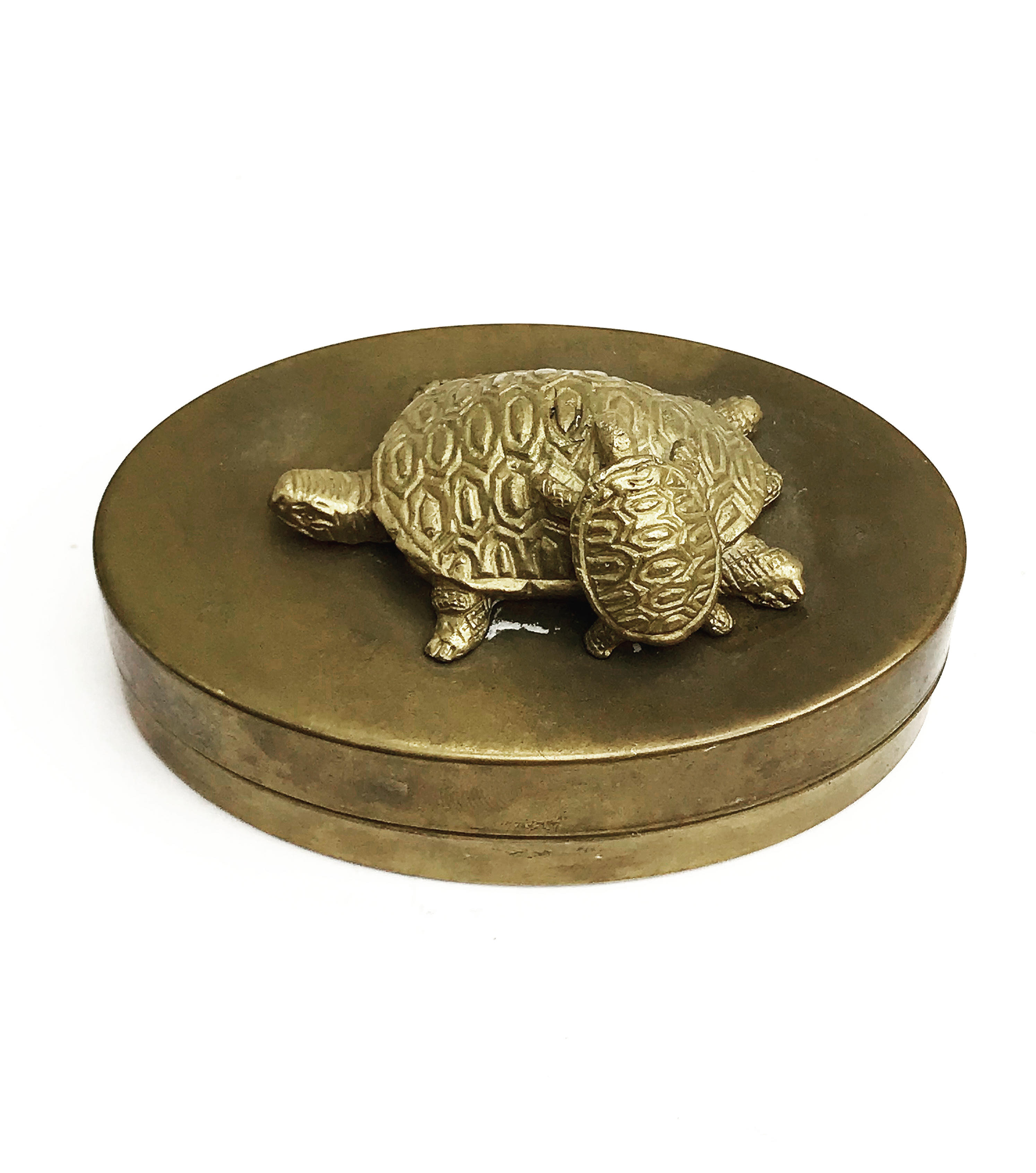 Bronze brass turtle box Decorative jewelry box vintage 50s oval lid
