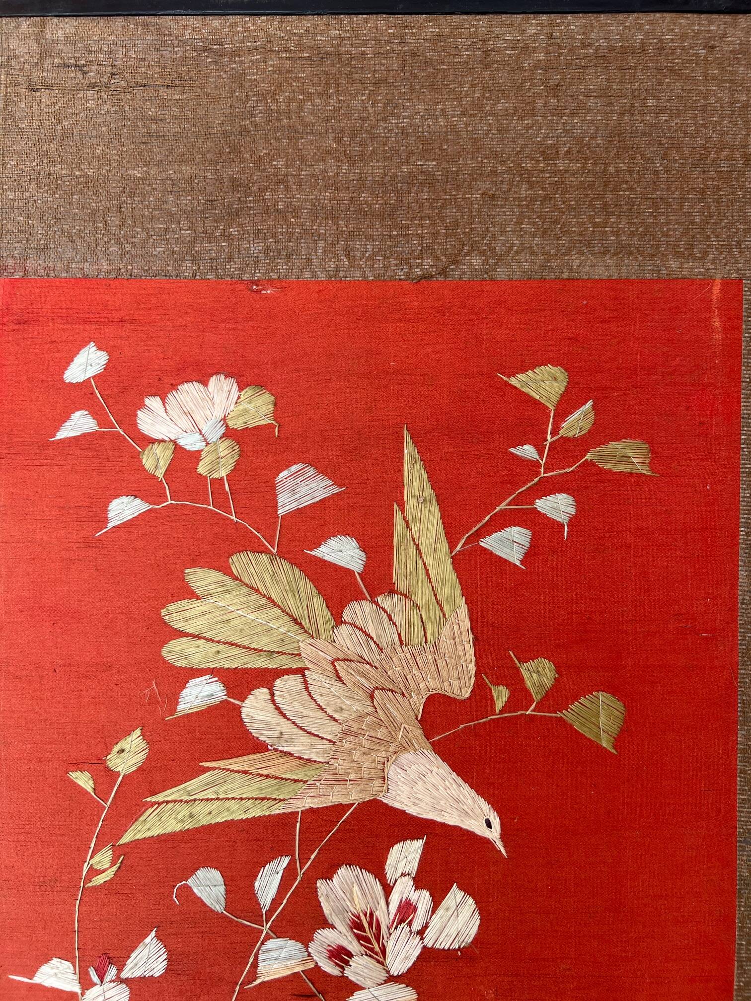 4-panel Japanese screen, 19th century, bird silk embroidery