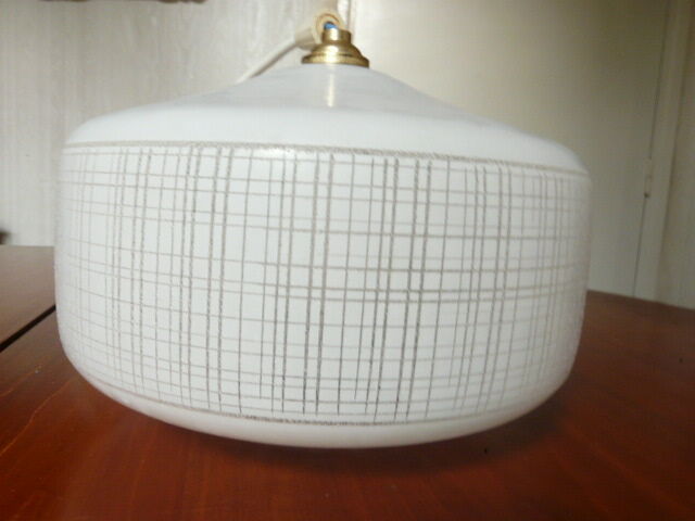 White glass chandelier pendant lamp with geometric decoration 50s