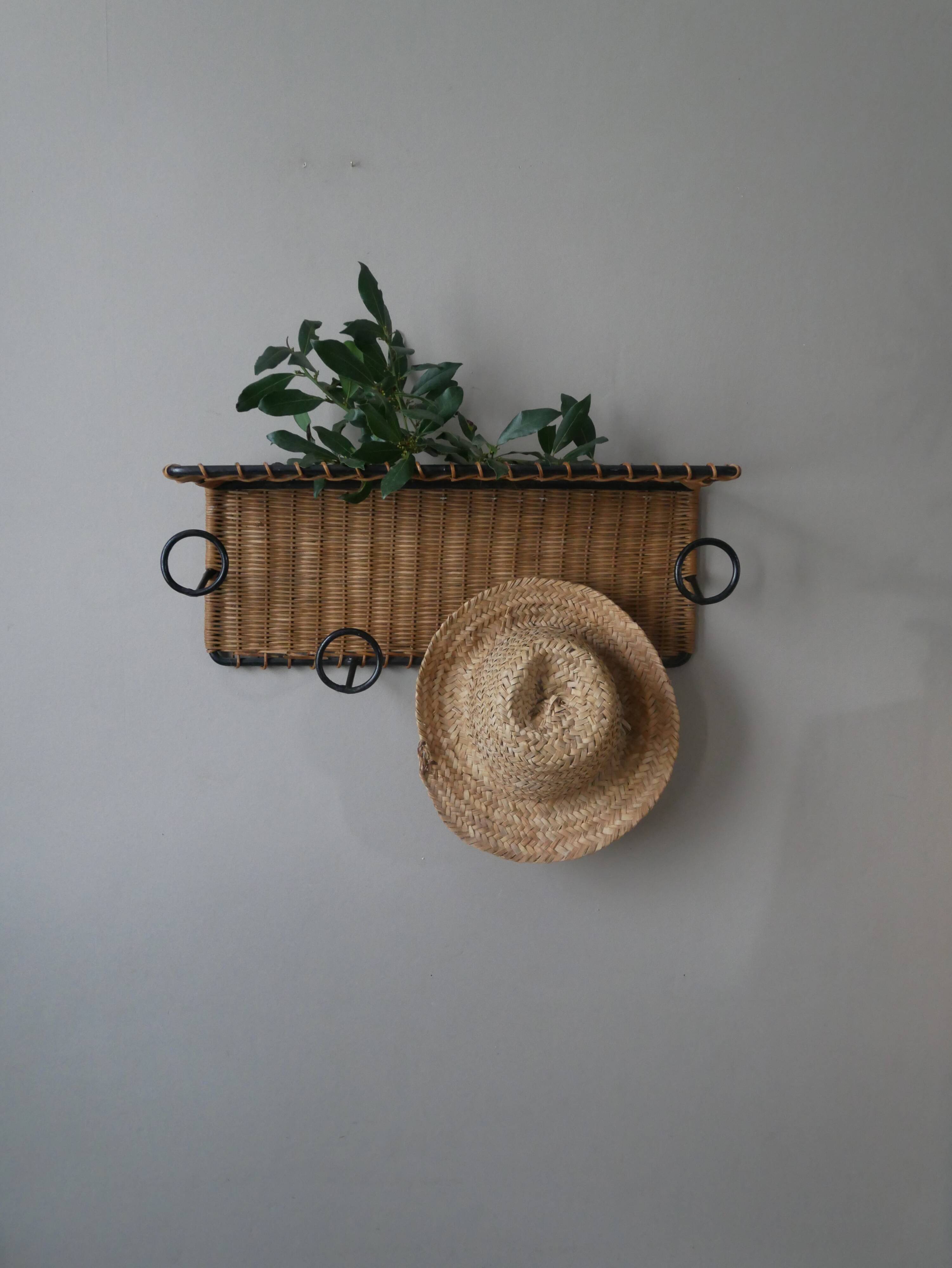 Coat rack cloakroom metal wrought iron wicker rattan handcrafted wall unit storage