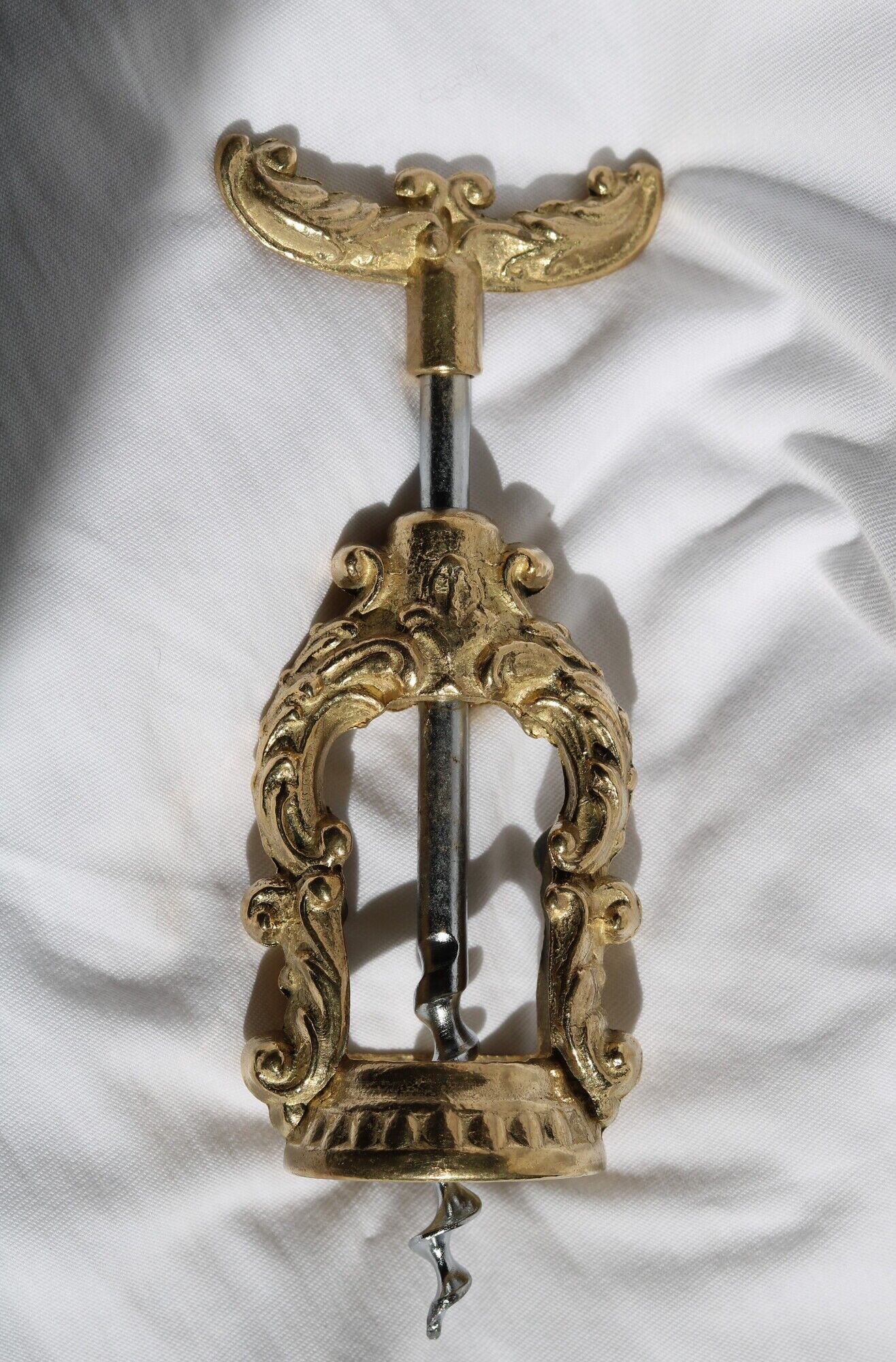 French ornate brass corkscrew wine opener