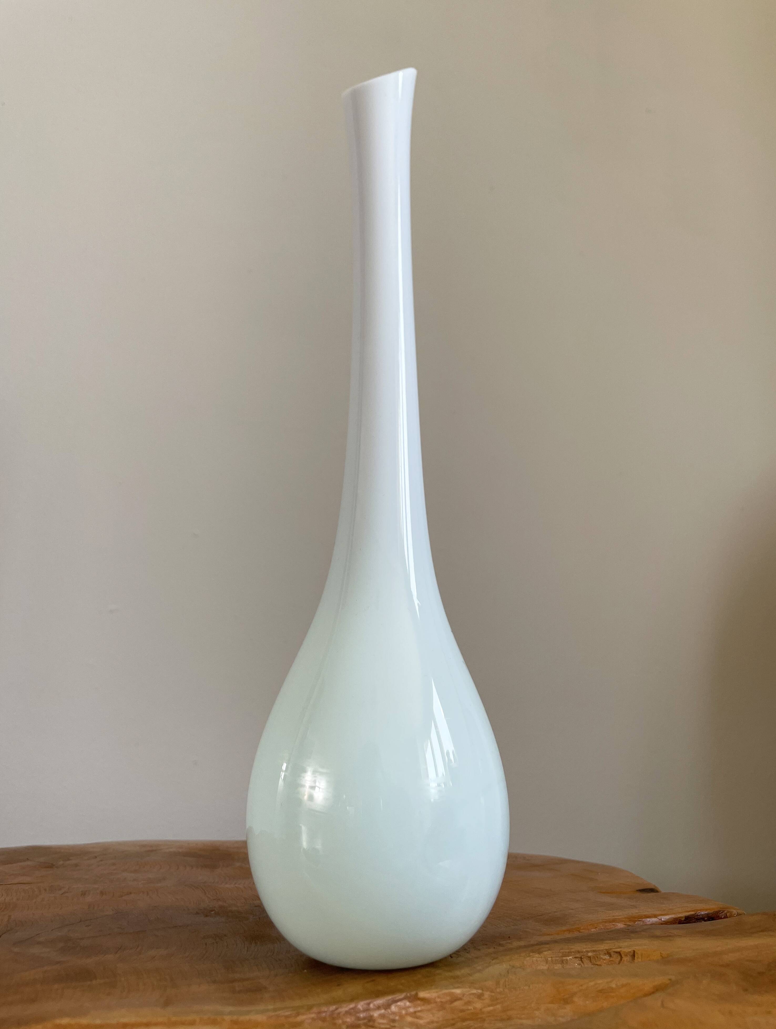 White and Green Long-Neck Vase, Handblown Coloured Glass, Single Flower Vase