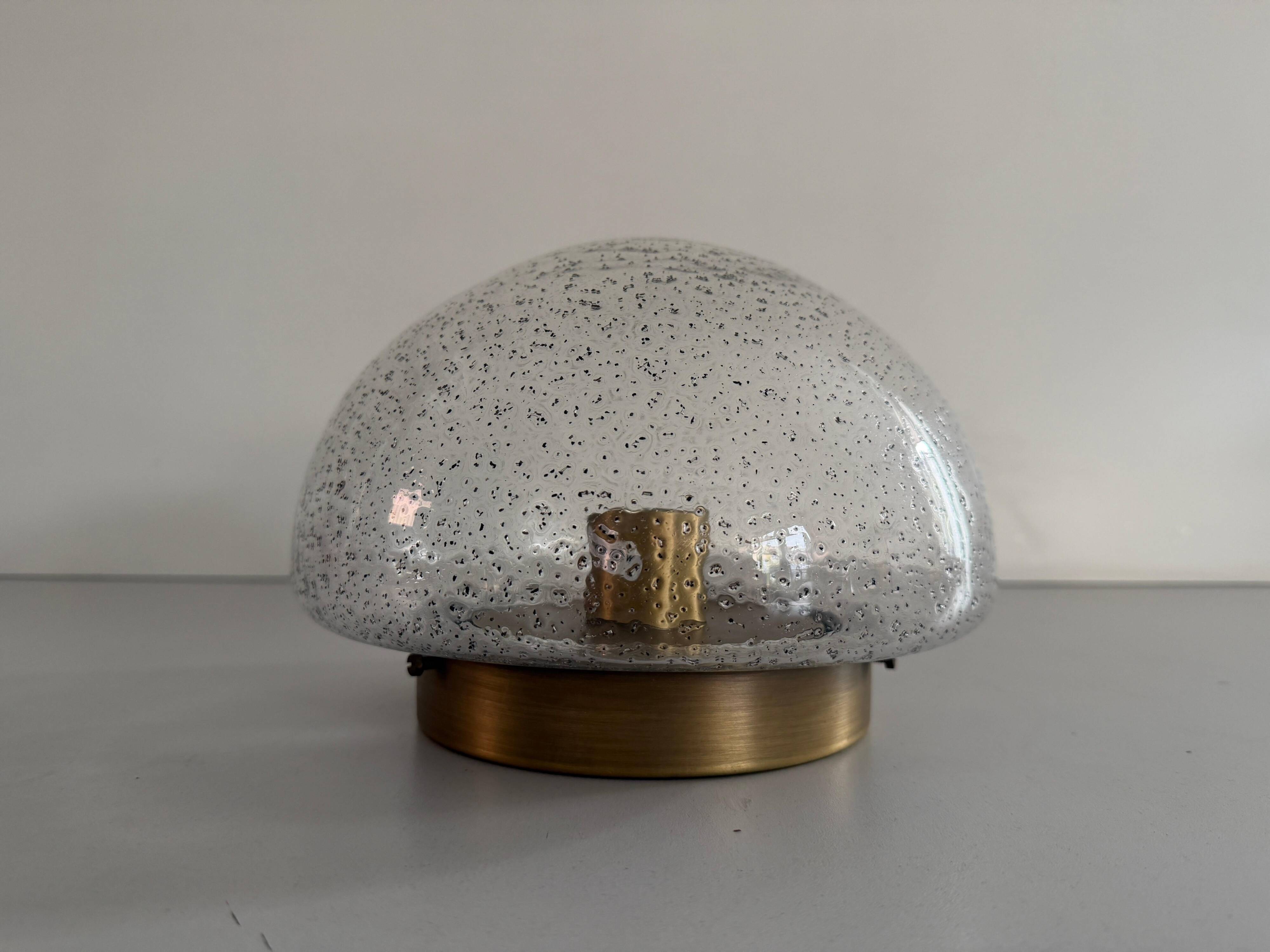 Flush glass shade with bubble texture and brass base by Hillebrand, 1960s, Germany.