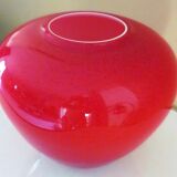 Pot-bellied, art deco vase in speckled ruby red multi-layered glass, white interior