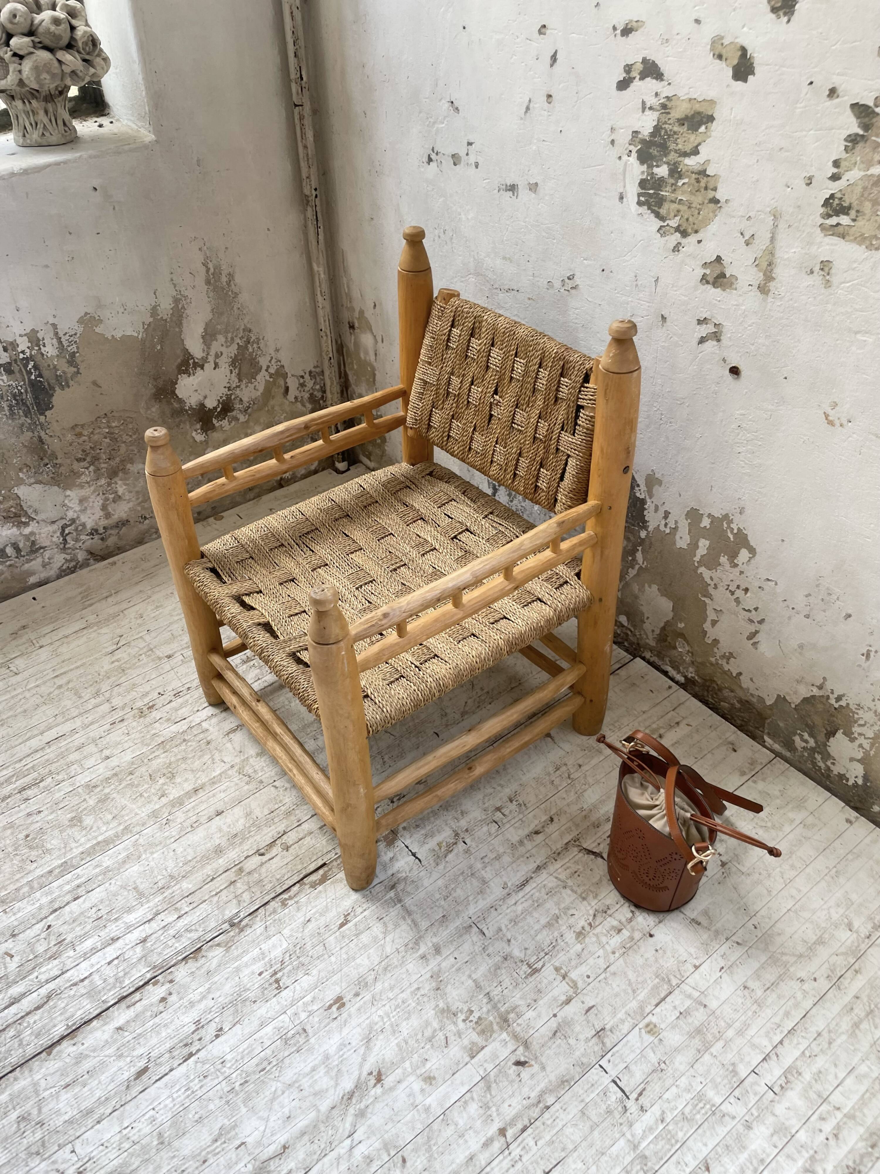 Moroccan wooden and rope armchair