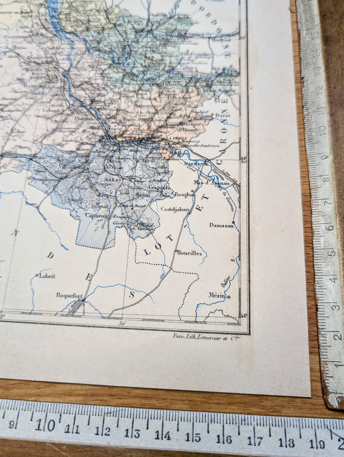 Planche géographique la Gironde, Nouvelle Aquitaine, imprimée en 1889