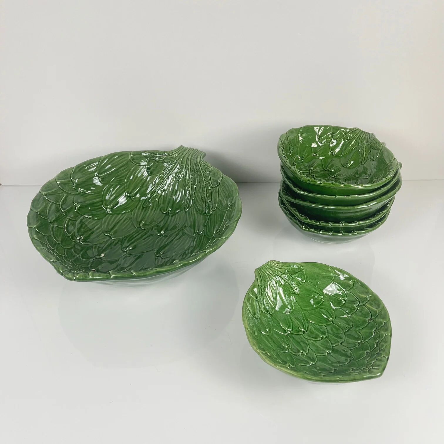 Salad service green leaf artichoke vintage salad bowl + 6 bowls 70s