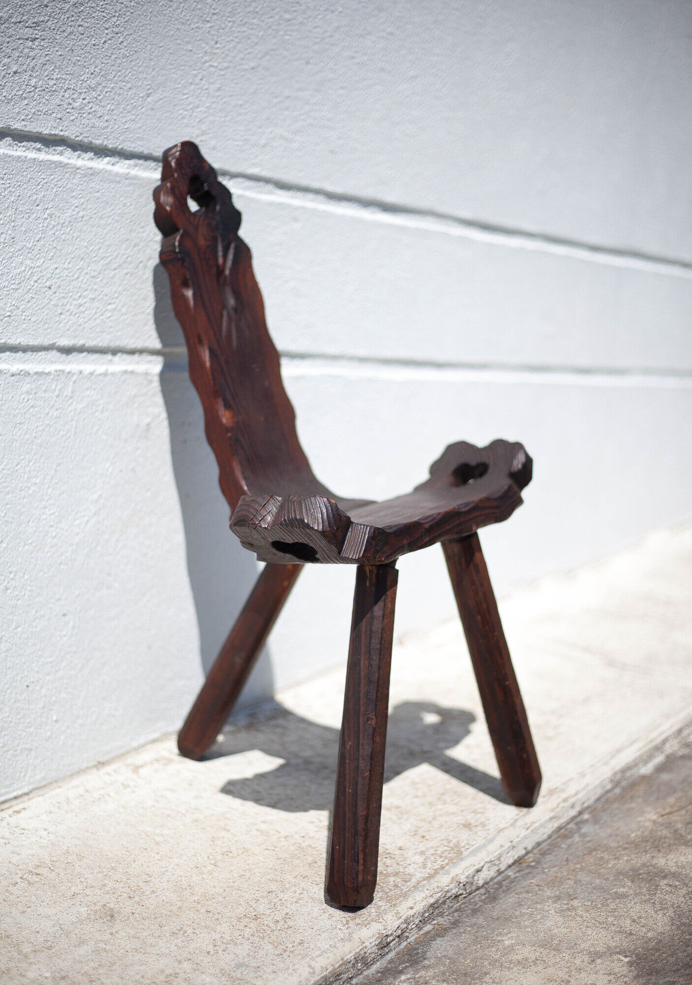 Brutalist wooden chair, tripod chair, Spanish chair